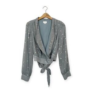 Le Lis Dusty Blue Metallic Star Print Long Sleeve Wrap Top